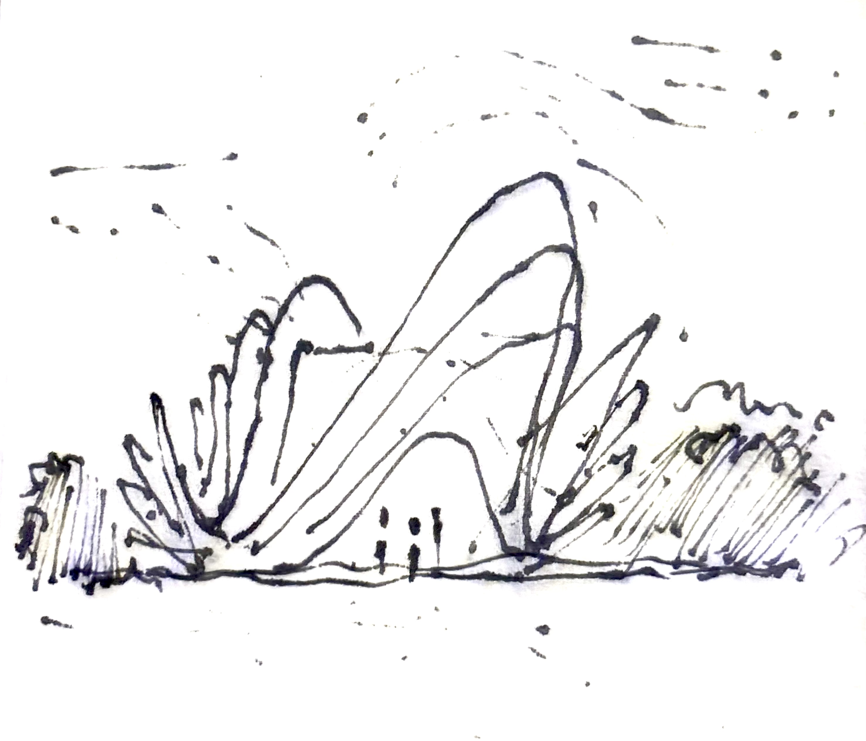 Loose ink sketch of an undulating shell canopy