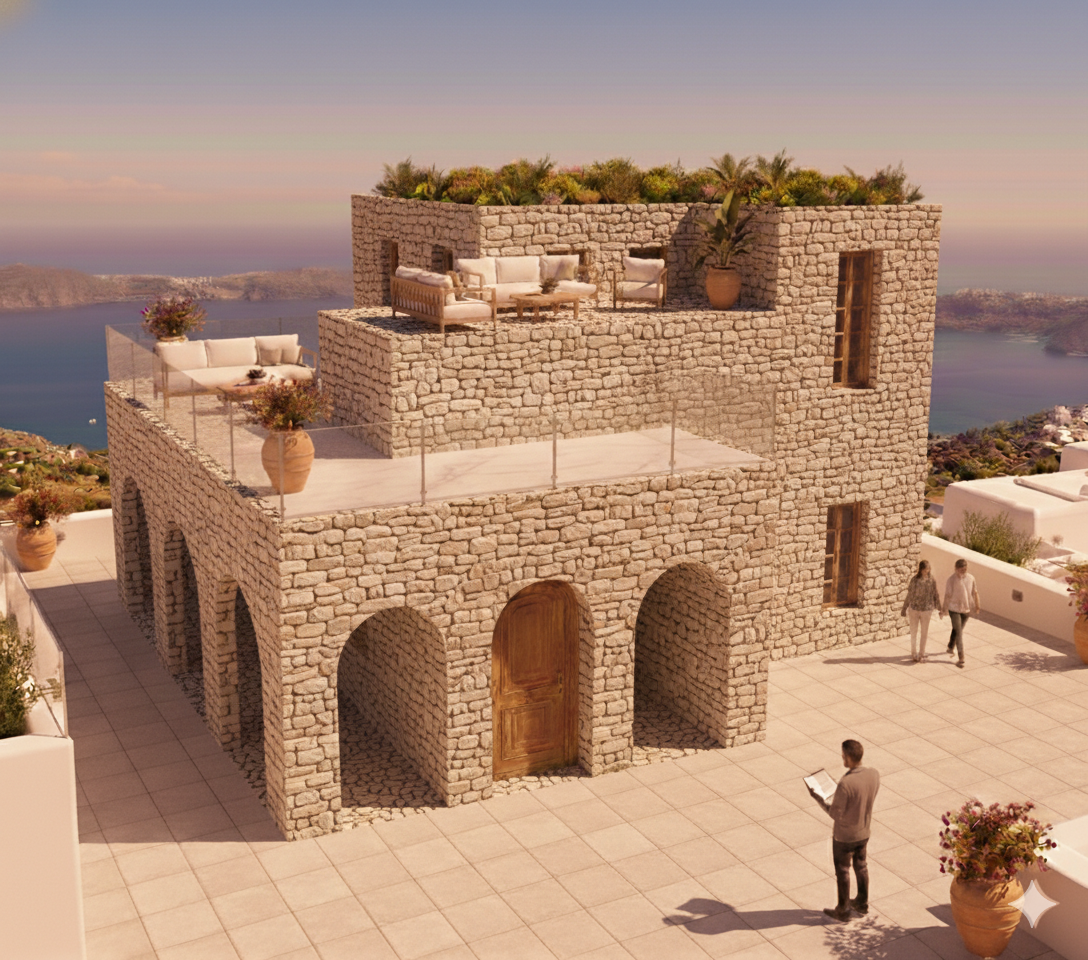 The same house rendered in rough coursed stone