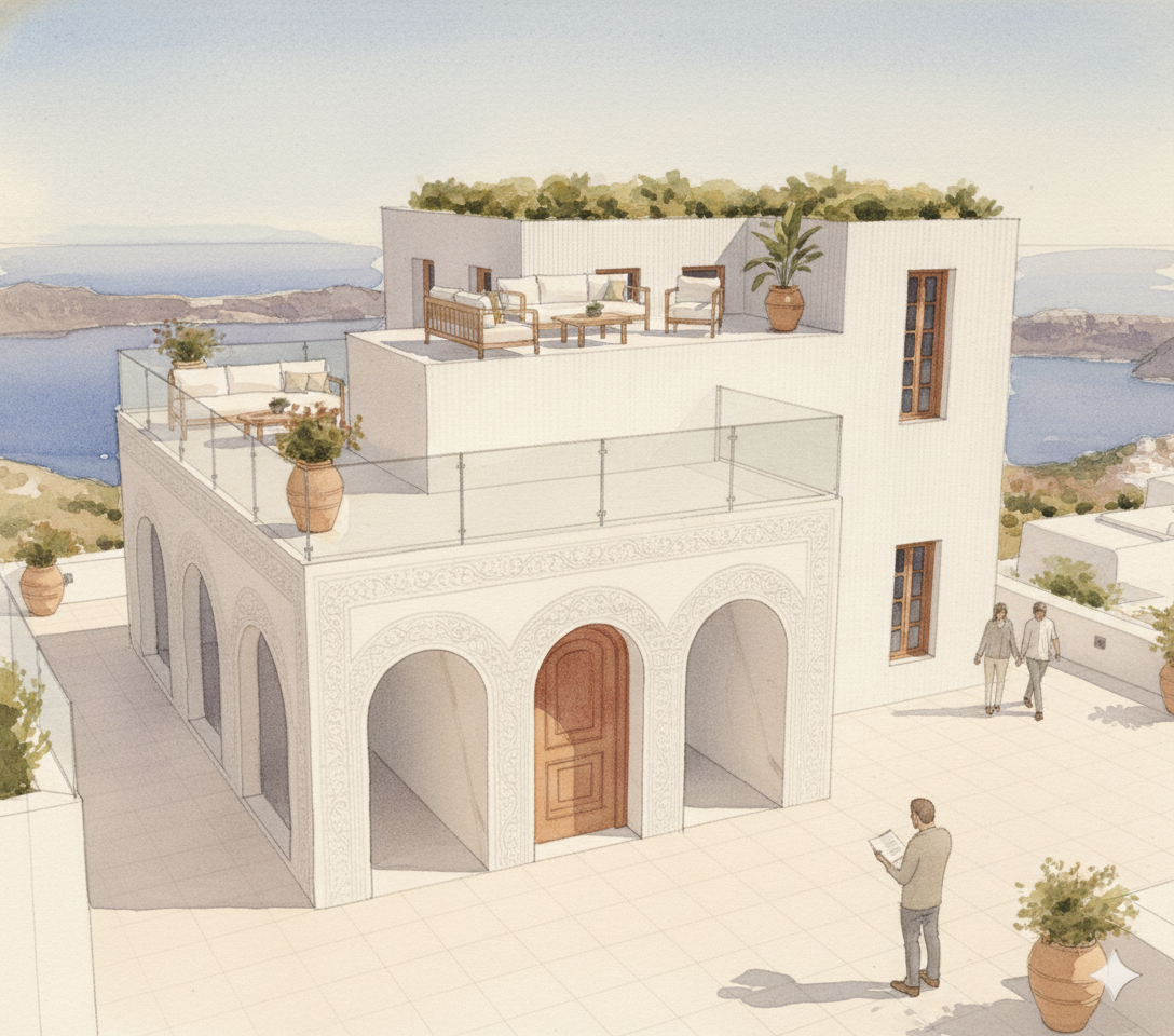 The same house rendered in the manner of a watercolour painting