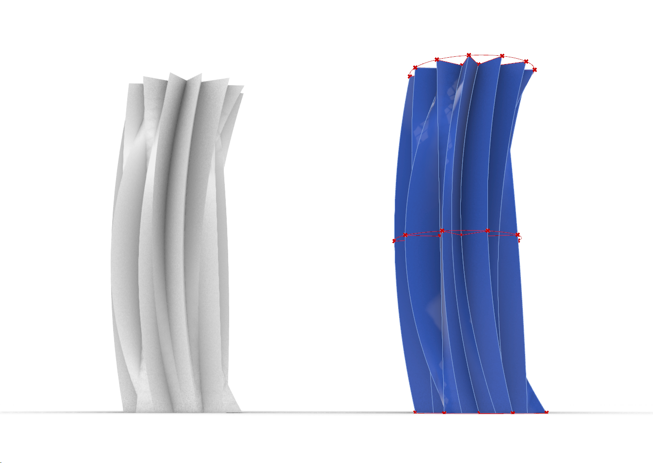 White NURBS tower model beside a blue structural analysis model