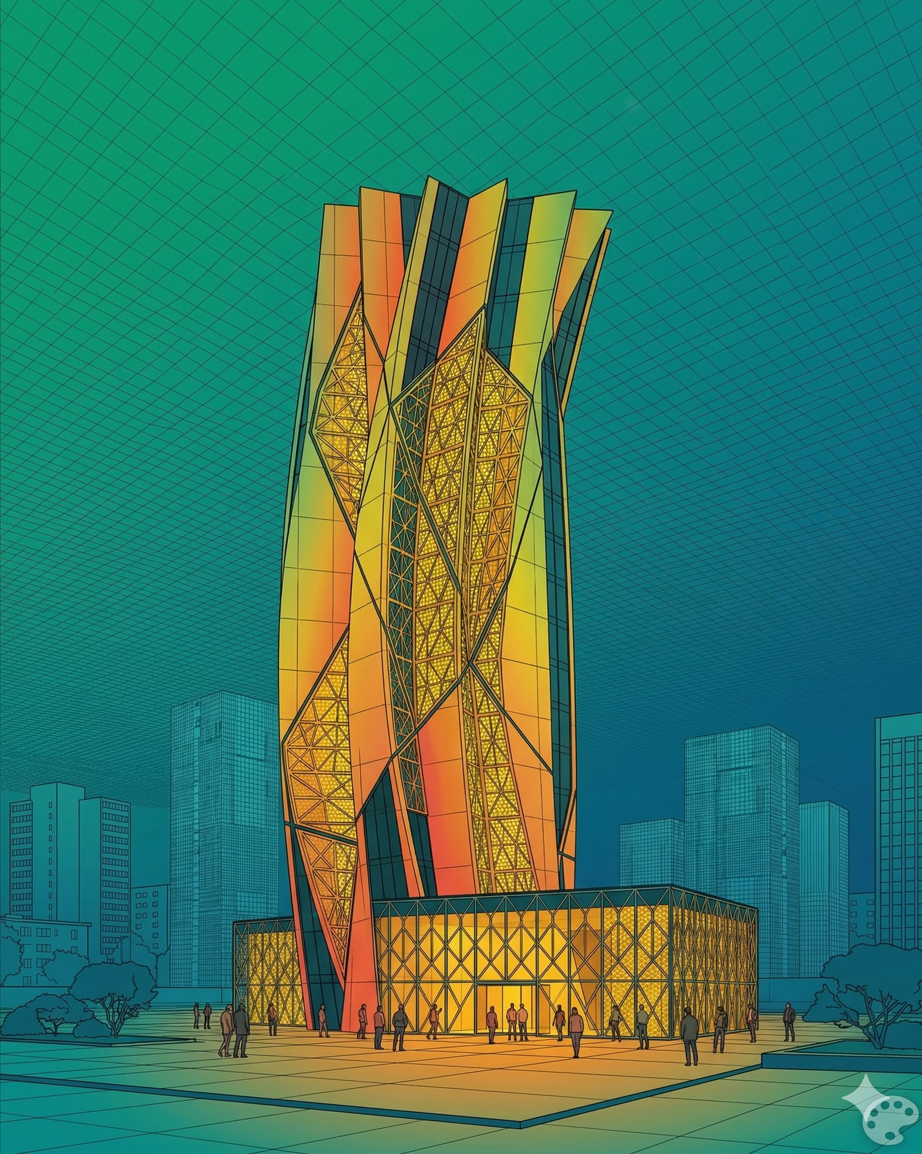 Tower rendered as a flat graphic in orange and green