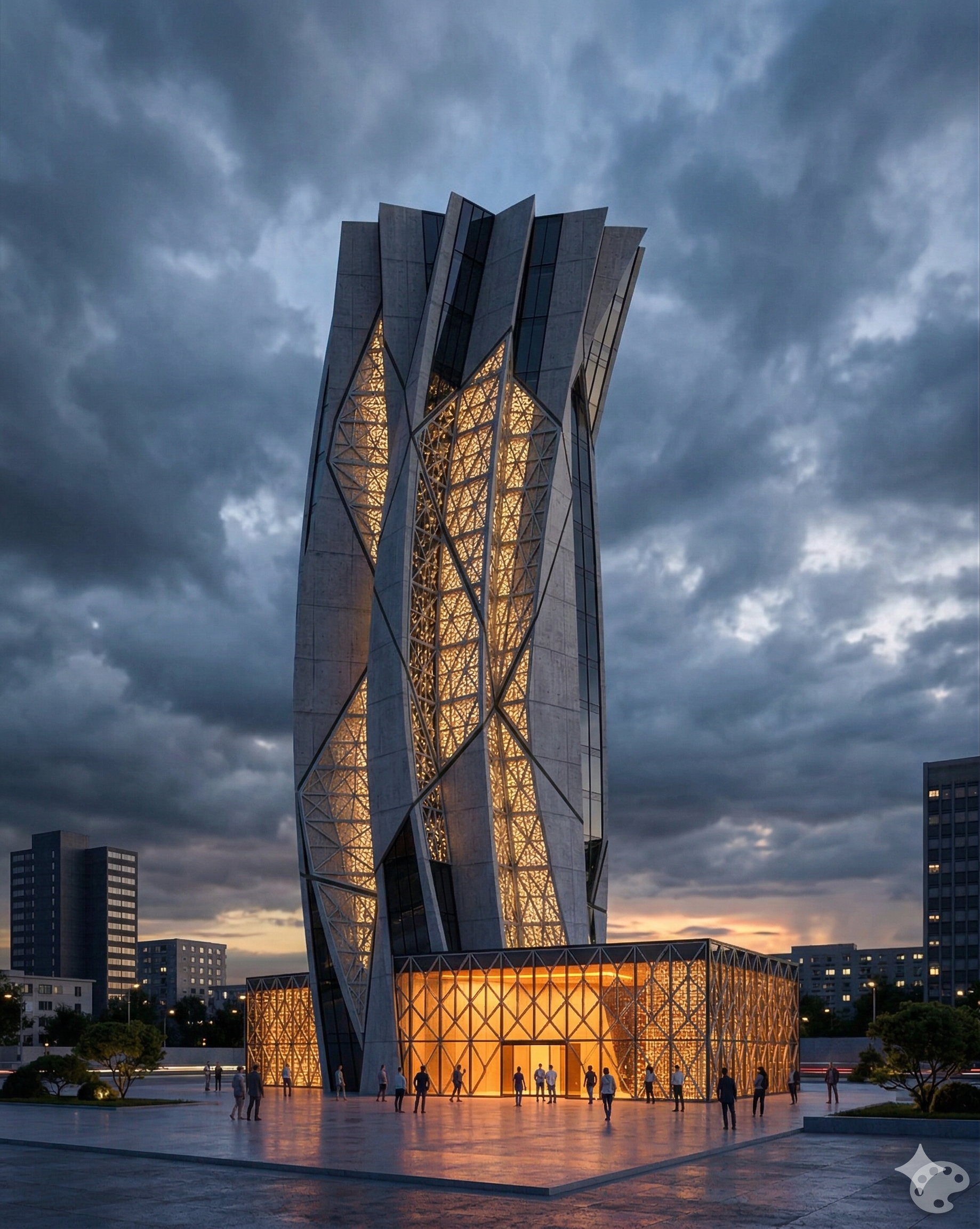 Tower rendered under a dramatic storm sky at dusk