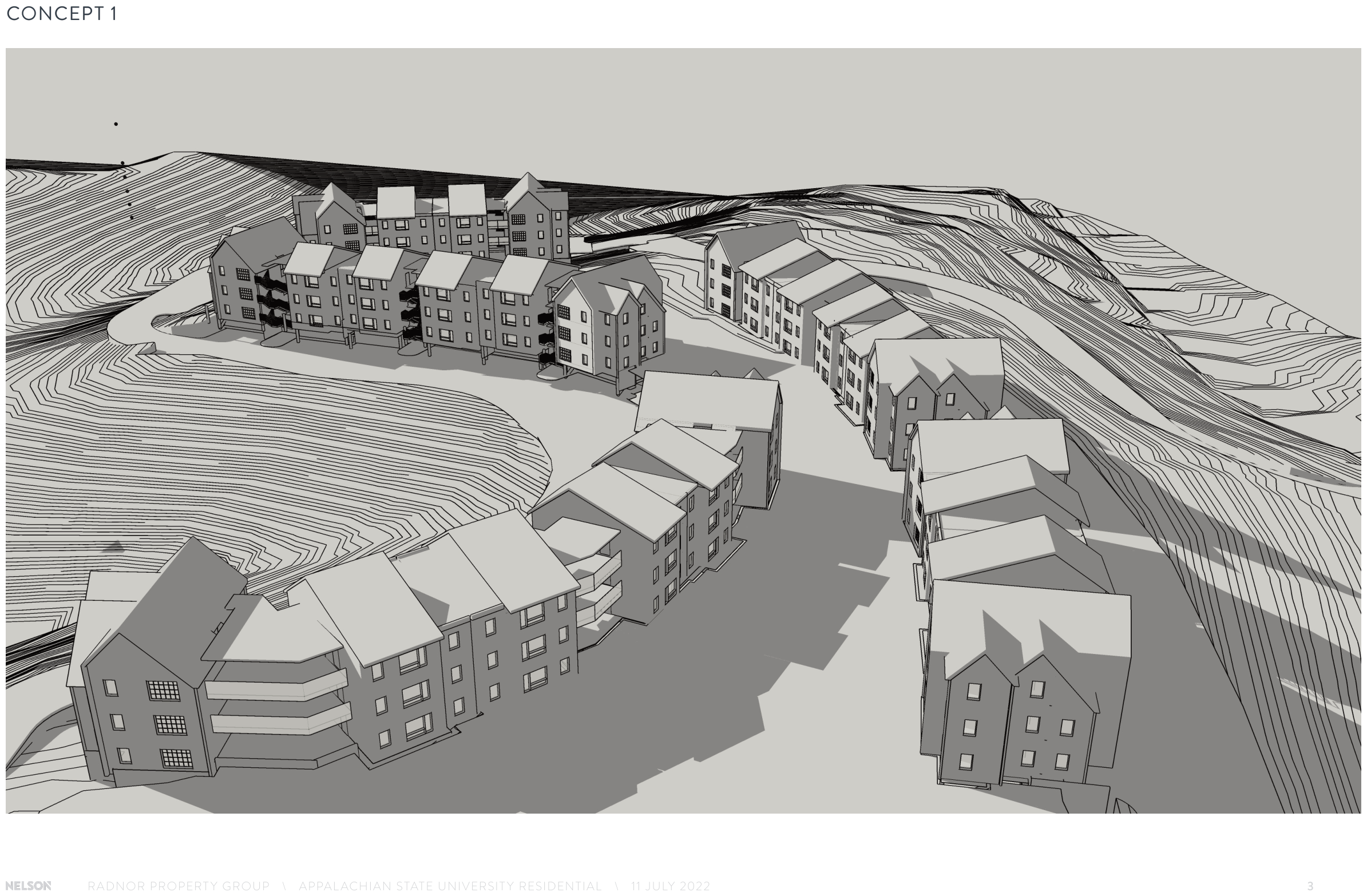 Massing study of student housing buildings stepping along a steep contoured hillside