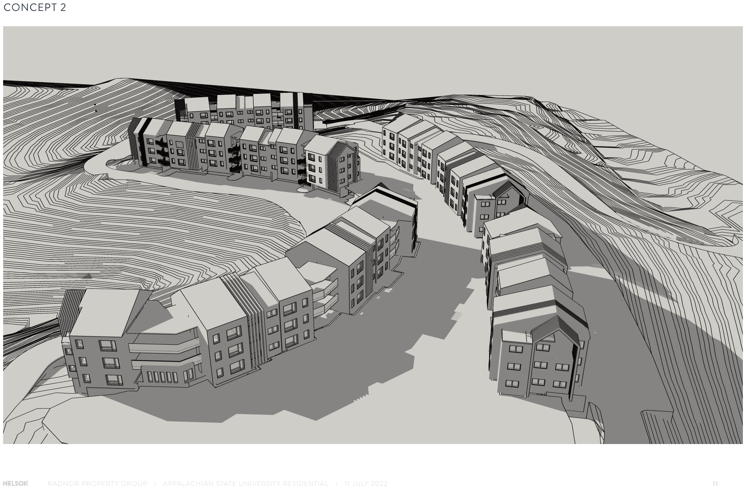 Alternate massing concept 2, buildings arrayed along the hillside contours