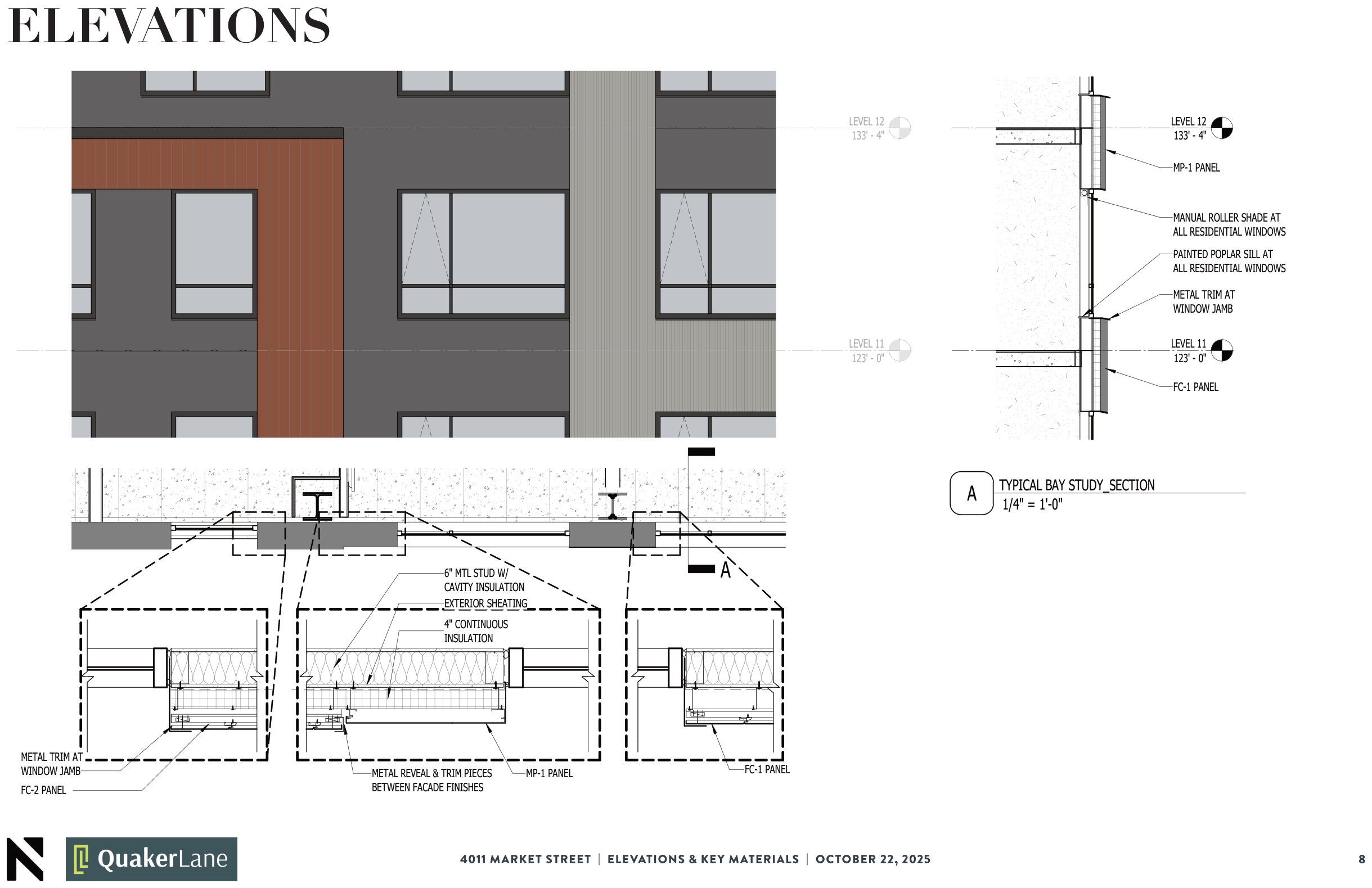 Enlarged bay elevation paired with a typical wall section through the envelope