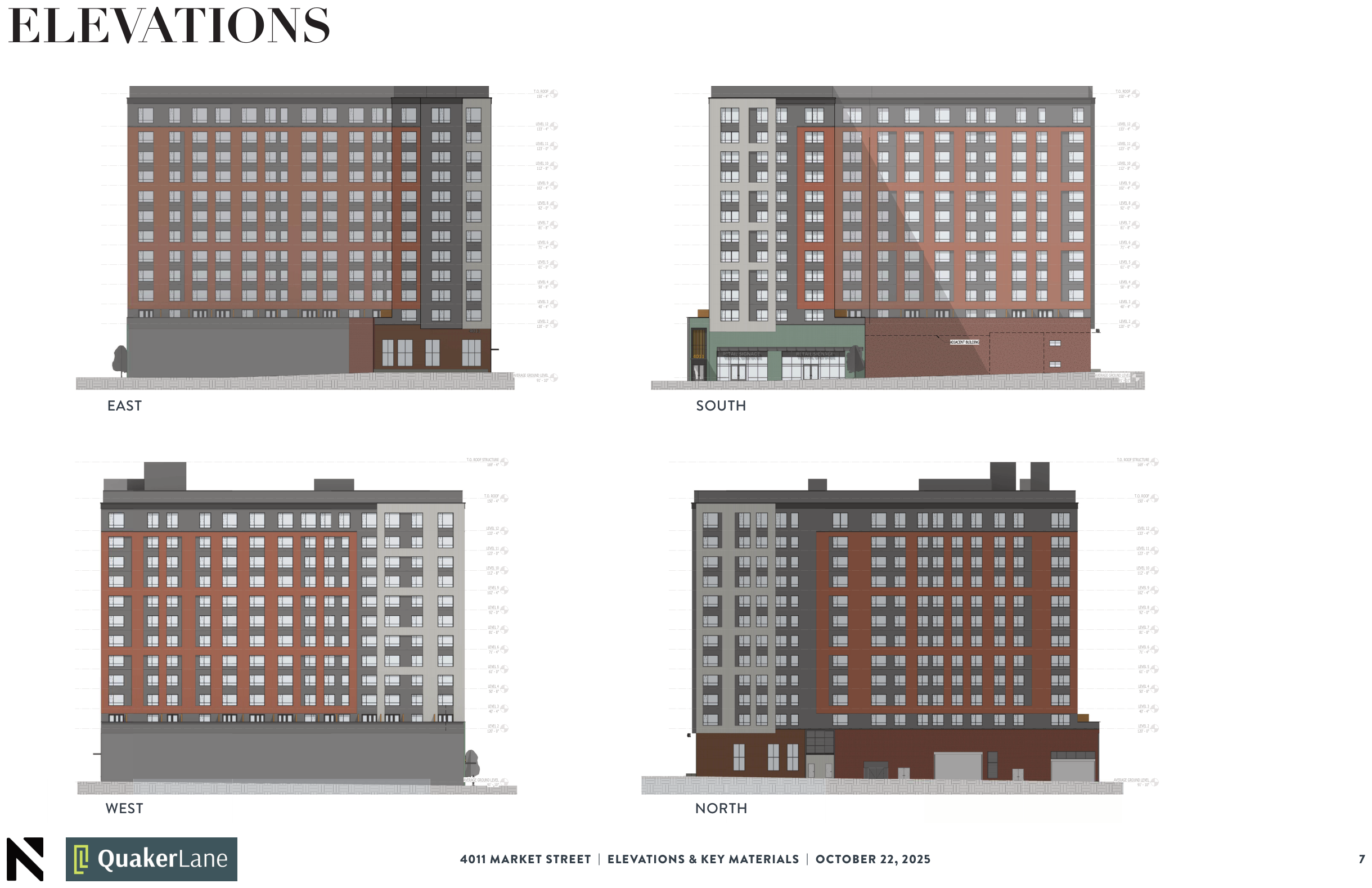 Four coloured building elevations with level markers from grade to the top of roof