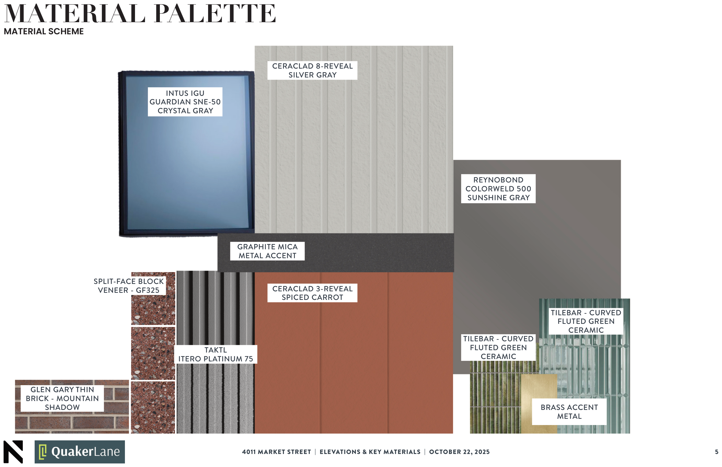 Material palette board naming thin brick, Ceraclad rainscreen, metal accents, fluted ceramic and brass
