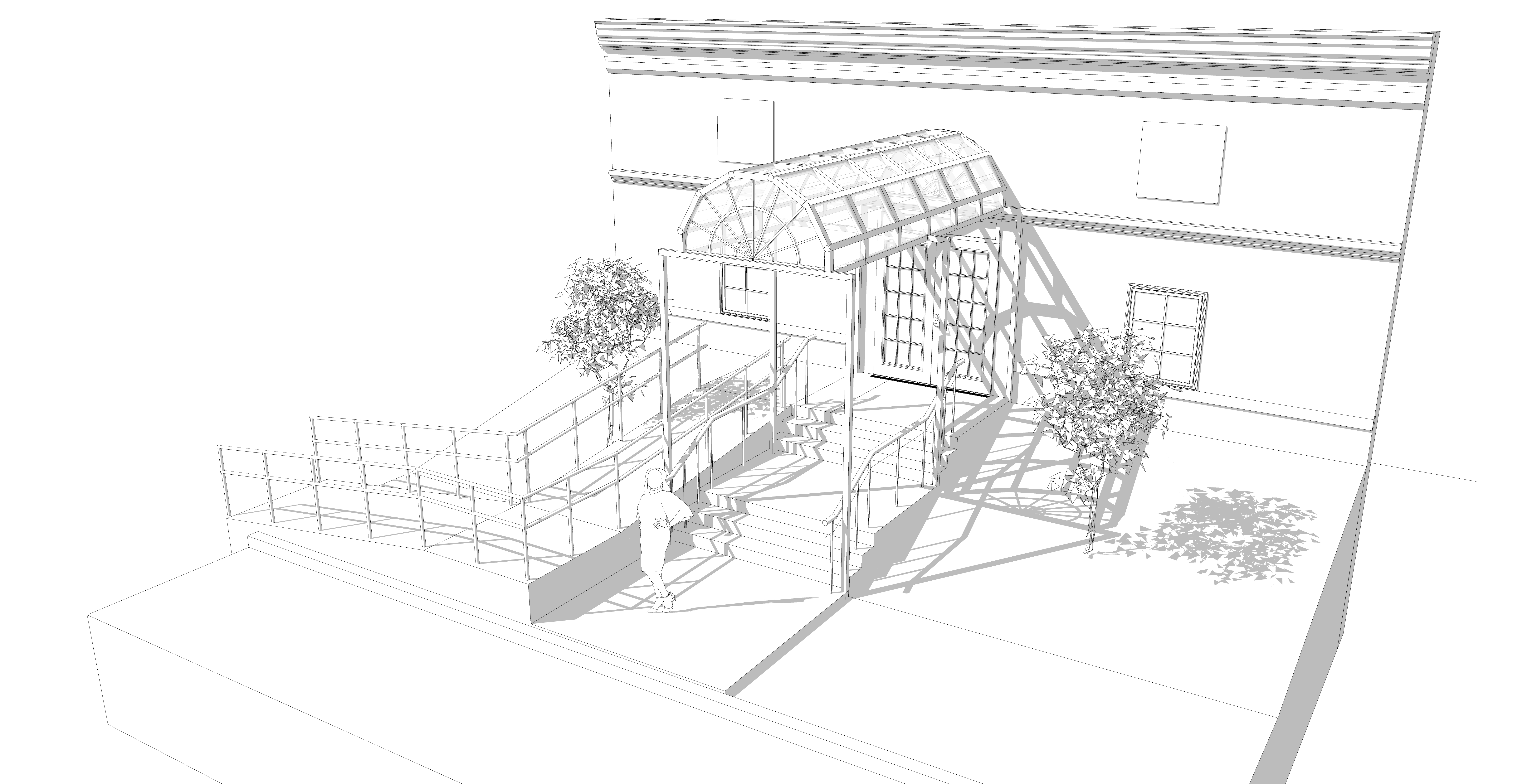 Line drawing, option 1: glazed barrel-vault entry canopy with radial fan end on a light steel frame