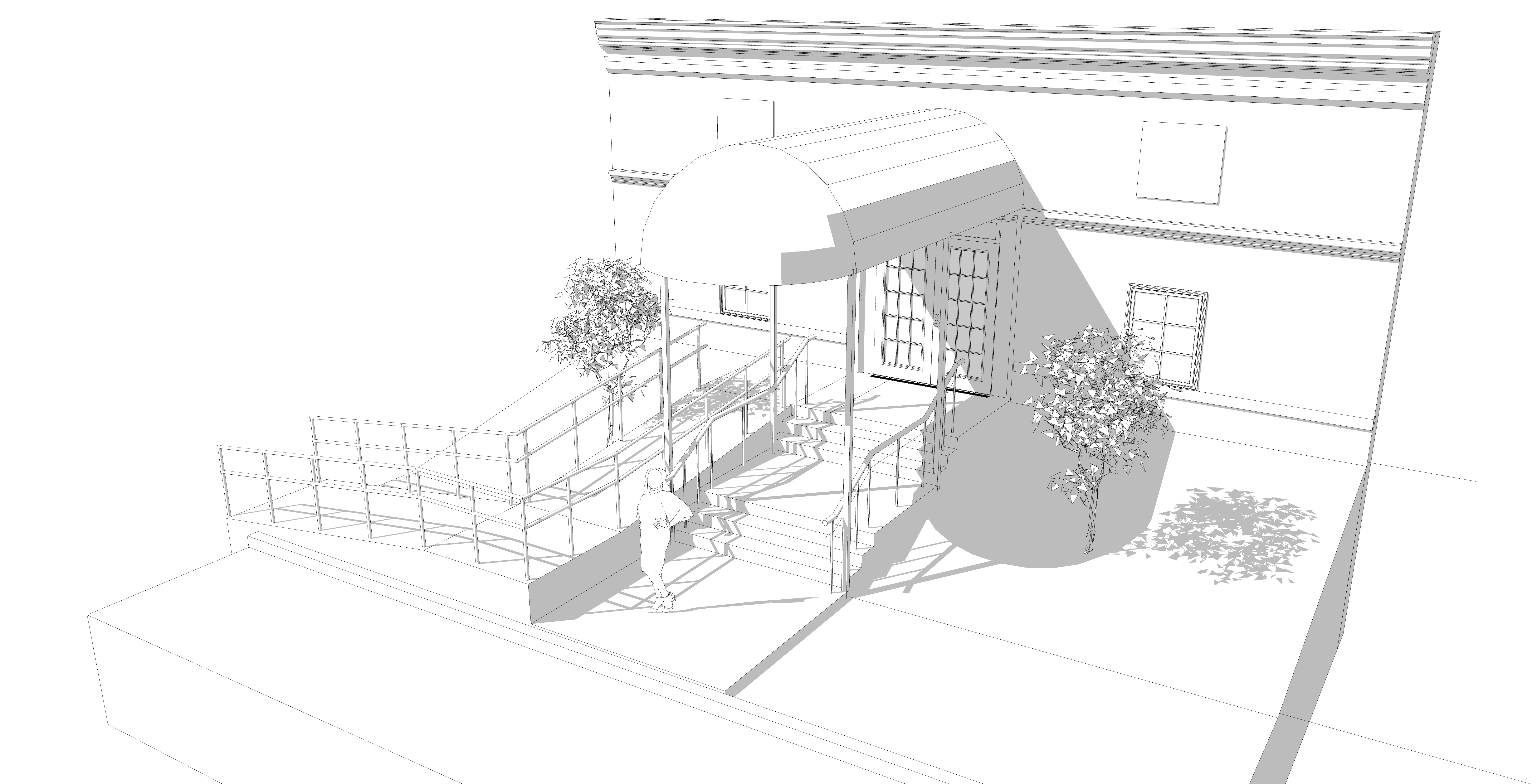 Line drawing, option 2: solid barrel awning sheltering the same entry, drawn from the identical viewpoint